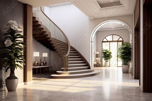 The interior design of the modern entrance hall with a staircase in the villa. © AbulKalam