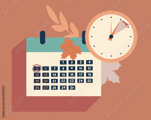 Fall Back in USA and Canada 2023, change clock back one hour, Daylight Saving Time Ends web reminder banner in flat style. Clocks with arrow hand turning back an hour. Minimalist aesthetic web banner.