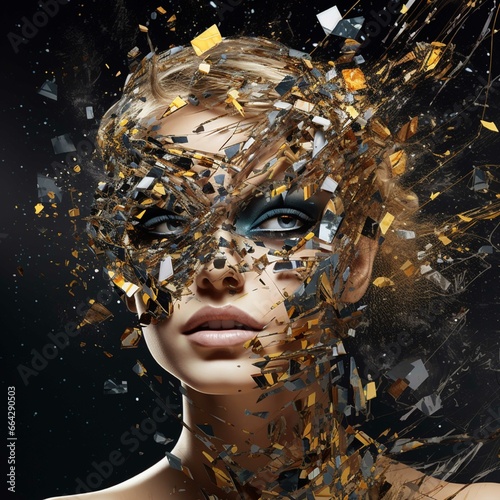 Beautiful young woman with creative make-up and broken glass.