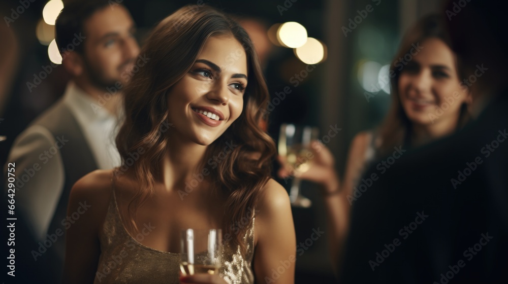 Beautiful woman talking with friends at a party. Group of young people with champagne at a gala night.
