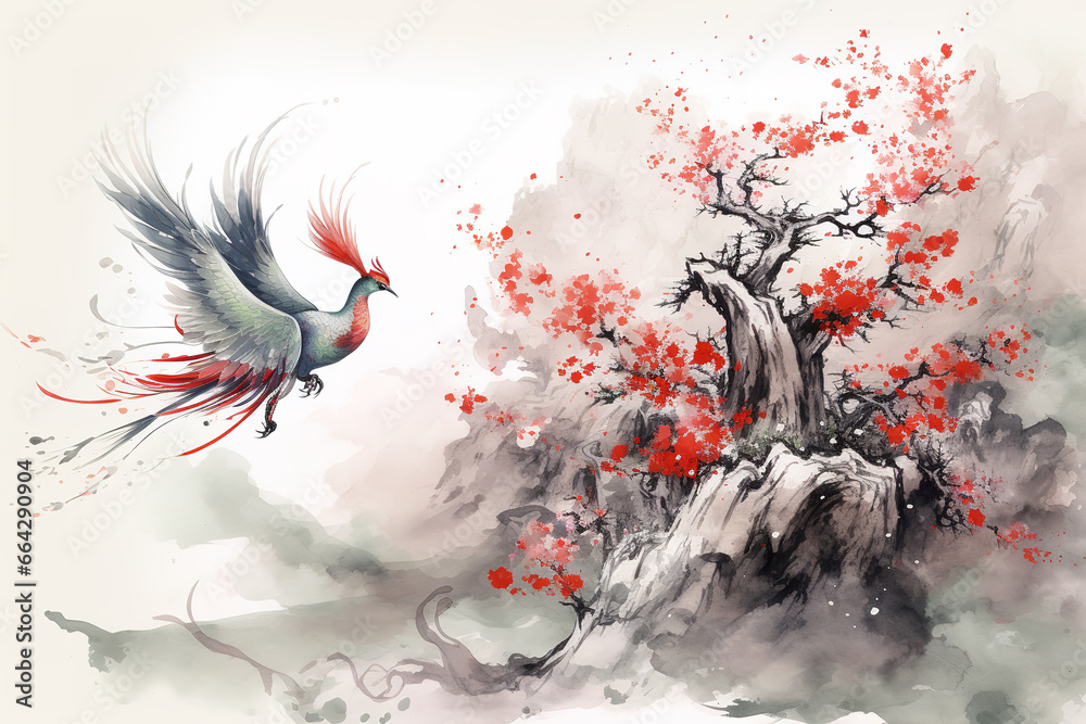 Painting phoenix bird is flying burning with red cherry blossoms. Mythical creatures, Generative AI, Illustration. Painting phoenix bird is flying burning with red cherry blossoms. Mythical creatures, Generative AI, Illustration.