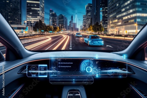 Modern smart car technology intelligent system using Heads up display (HUD) Autonomous self driving mode vehicle on city road with graphic sensor radar signal system intelligent car. © AbulKalam