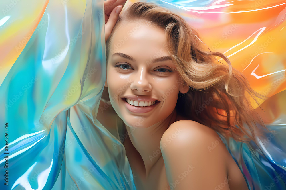 A beautiful young female model with blonde hair and healthy skin, smiling to the camera in the light of summer sunbeams vibes and surrounded with pastel colour textile. A beautiful young female model with blonde hair and healthy skin, smiling to the camera in the light of summer sunbeams vibes and surrounded with pastel colour textile.