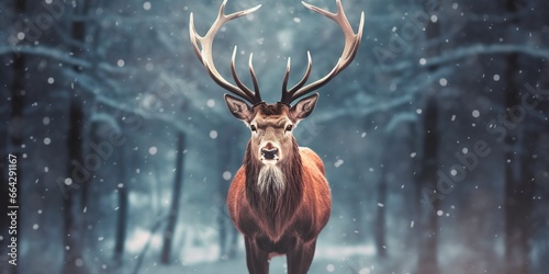 Noble deer male in the winter snow forest. Artistic winter Christmas landscape.