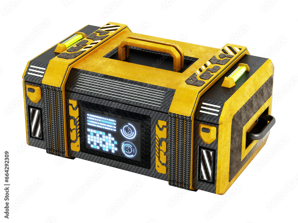 Sci-fi treasure chest isolated on transparent background. 3D illustration