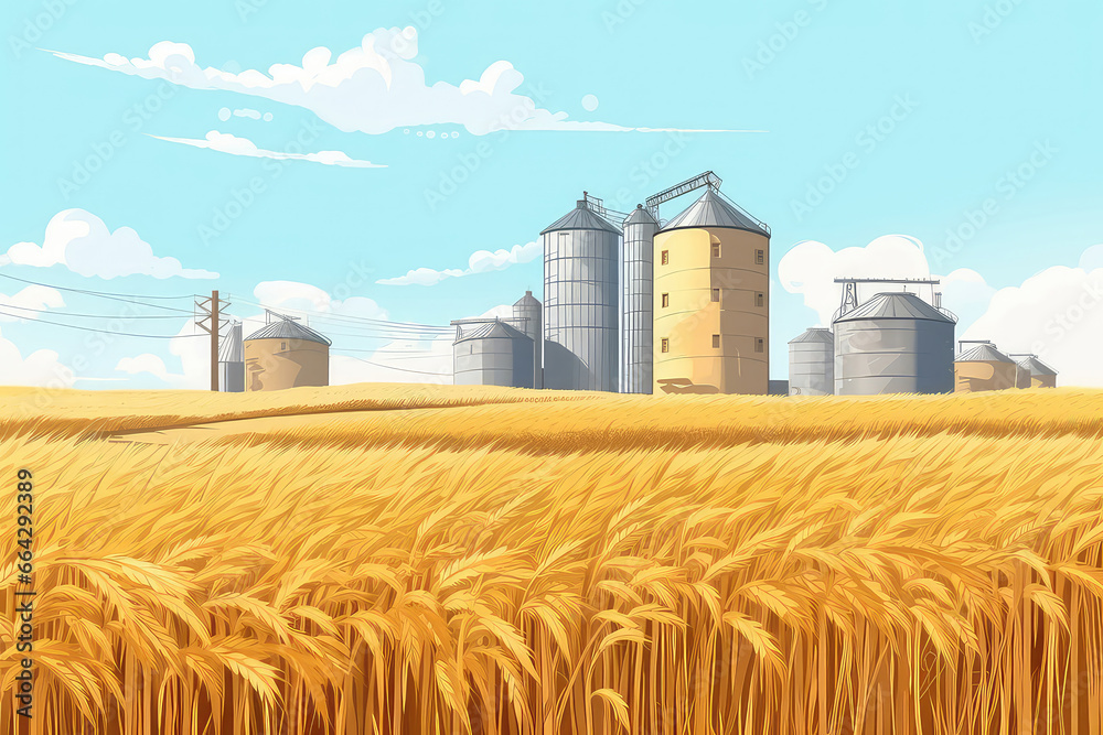 Silos Are Situated In Wheat Field For The Storage Of Agricultural Production Silos Are Situated In Wheat Field For The Storage Of Agricultural Production