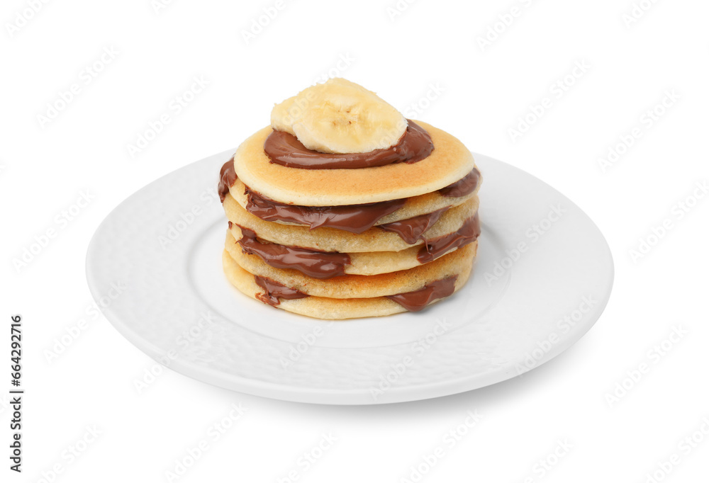 Stack of tasty pancakes with chocolate spread and banana slices isolated on white Stack of tasty pancakes with chocolate spread and banana slices isolated on white