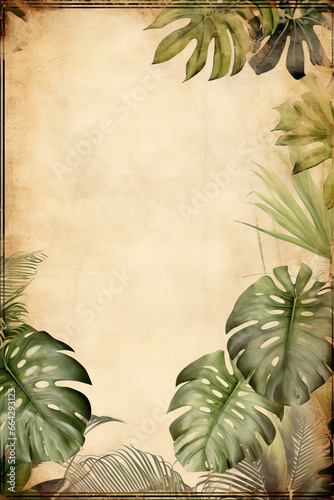 Vintage monstera leafs digital junk journal page  parchment paper background  grunge. illustration of nature plant. palm tree  with copy space. summer andh tropical climate concepts