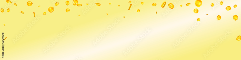 European Union Euro coins falling. Scattered gold EUR coins. Europe money. Jackpot wealth or success concept. Panoramic vector illustration.