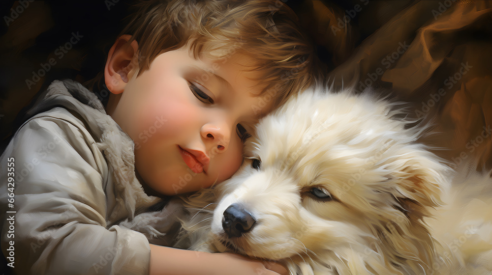 Portray a cozy scene of a fluffy puppy cuddled with a child, sharing the delightful companionship that only a dog can provide. Portray a cozy scene of a fluffy puppy cuddled with a child, sharing the delightful companionship that only a dog can provide.