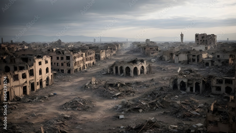 Ruins of buildings and devastation from war, empty of people.