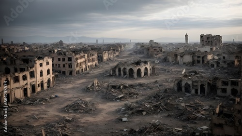 Ruins of buildings and devastation from war, empty of people.