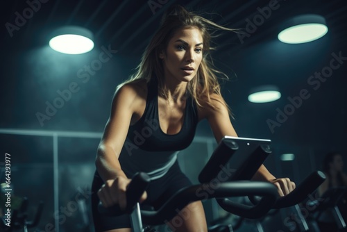 Female Fitness Model on an Exercise Bike. Fictional characters created by Generated AI.