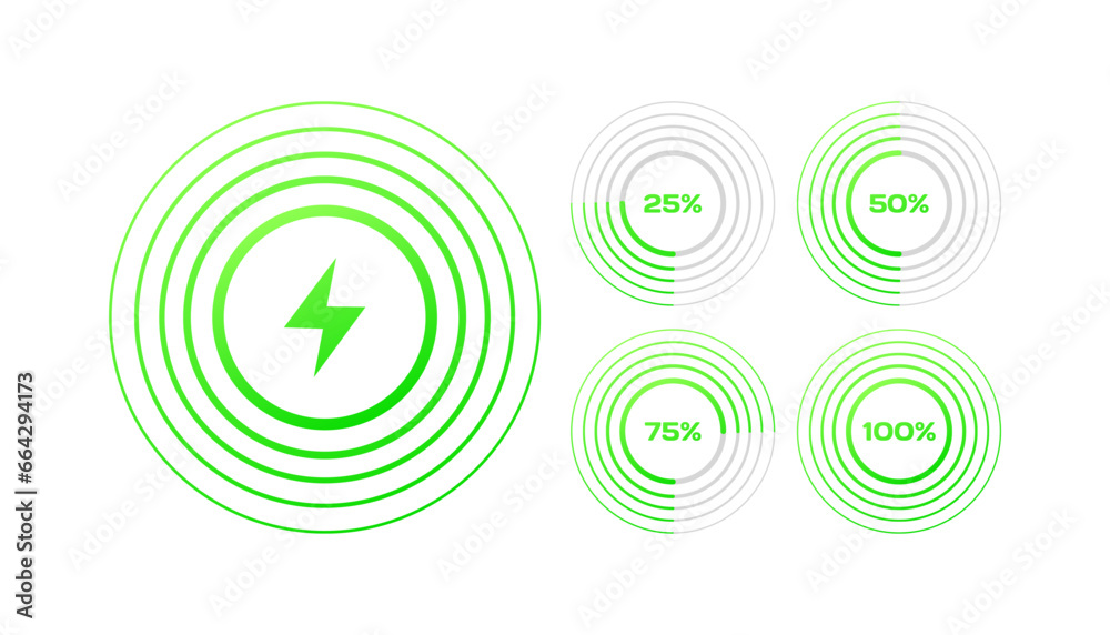 Energy charge icons. Flat, green, 25%,50%,75%,100% charge, lightning icons. Vector icons Energy charge icons. Flat, green, 25%,50%,75%,100% charge, lightning icons. Vector icons