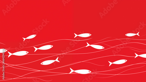 white fishes and line waves in red background,vector, decration pattern photo