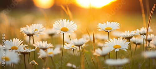 The landscape of white daisy blooms in a field with the focus. © AbulKalam
