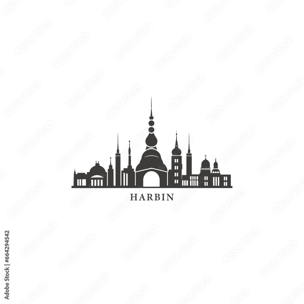 China Harbin cityscape skyline city panorama vector flat modern logo icon. Heilongjiang town emblem idea with landmarks and building silhouettes. Isolated graphic