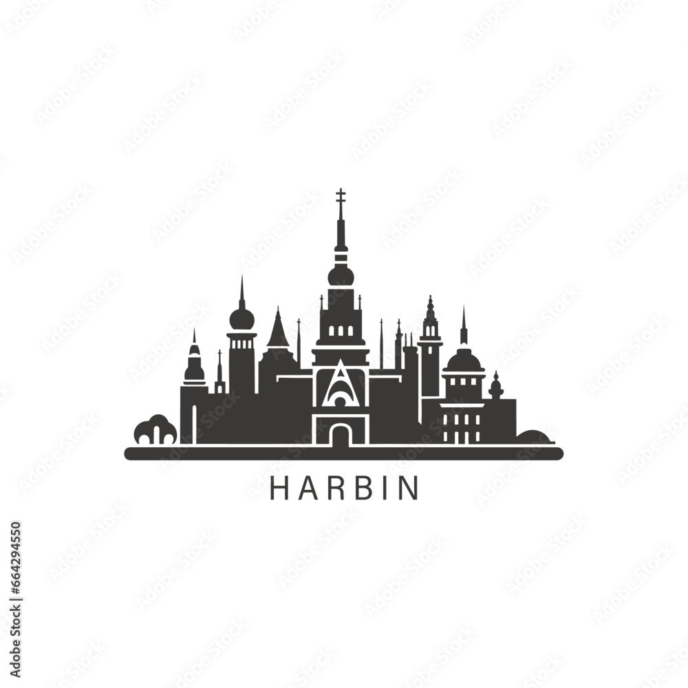 China Harbin cityscape skyline city panorama vector flat modern logo icon. Heilongjiang town emblem idea with landmarks and building silhouettes. Isolated graphic