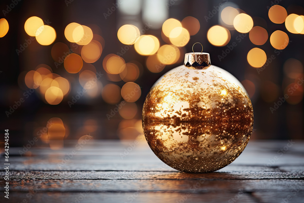 golden Christmas ball, blurred Christmas lights golden Christmas ball, blurred Christmas lights