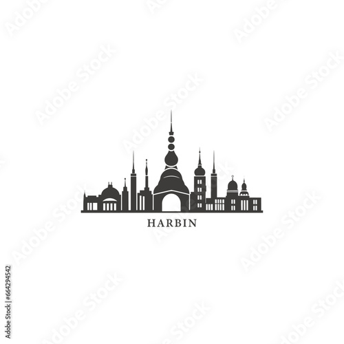 China Harbin cityscape skyline city panorama vector flat modern logo icon. Heilongjiang town emblem idea with landmarks and building silhouettes. Isolated graphic photo