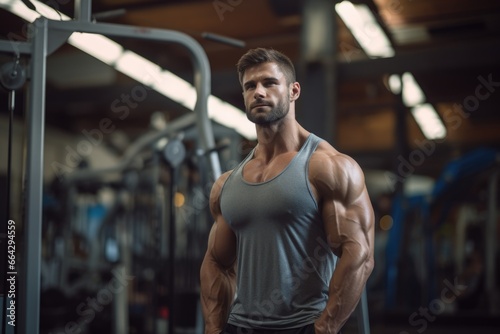 A Strong and Muscular Man Posing in the Gym. Fictional characters created by Generated AI.
