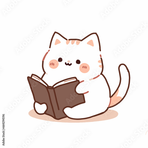 Cartoon style cat reading book. Hand drawn Vector illustration.