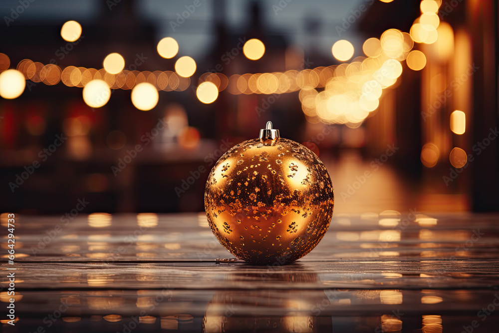 golden Christmas ball, blurred Christmas lights golden Christmas ball, blurred Christmas lights