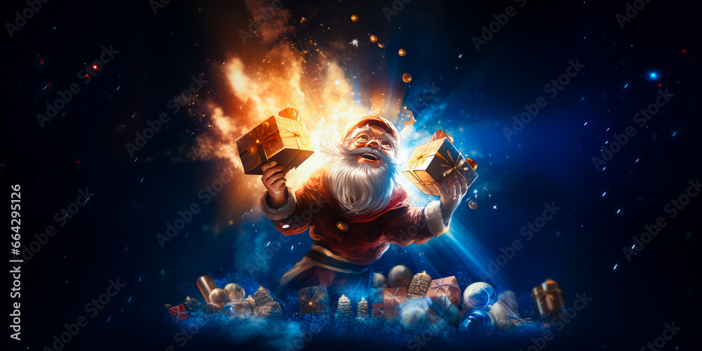 Naklejka premium illustration of Santa Clause who flying in clouds with present. Christmas fairytale. Christmas time