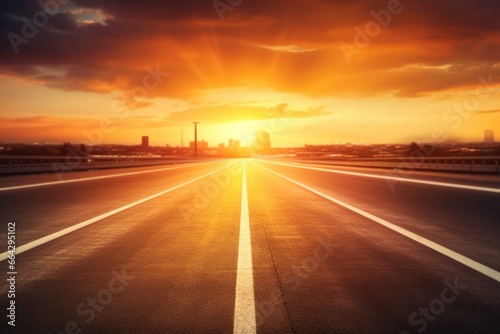 Blurry road amidst asphalt road during sunset. Generative AI © George