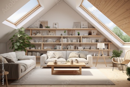 Scandinavian home interior design of modern living room in attic with lining ceiling bright color