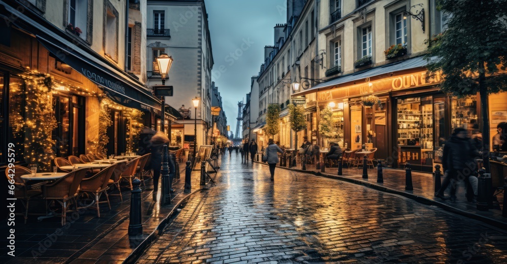 romantic streets of Paris, with people strolling and cafes buzzing, emphasized by long-exposure