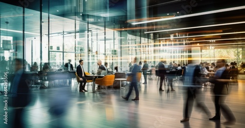 hustle and bustle of corporate professionals in a modern office space  visualized with long-exposure