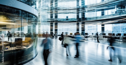 hustle and bustle of corporate professionals in a modern office space, visualized with long-exposure