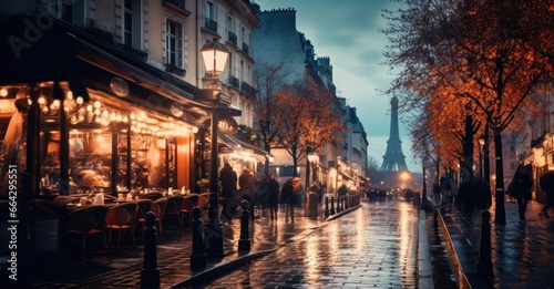romantic streets of Paris  with people strolling and cafes buzzing  emphasized by long-exposure
