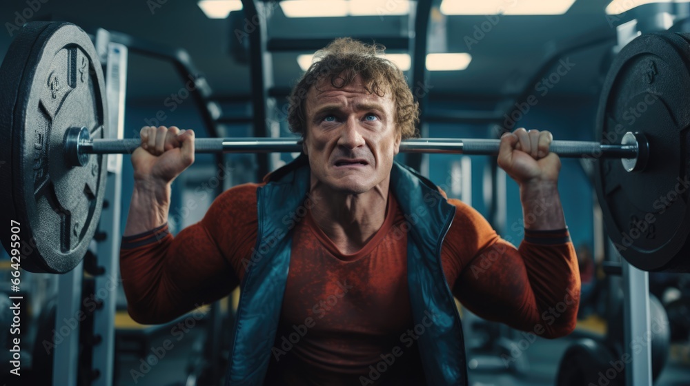 Fototapeta premium A Man in a Gym, Holding a Barbell and Working Out. Fictional characters created by Generated AI.