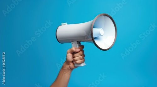 Man's hand confidently grips a megaphone, gesturing towards something significant, isolated against a striking blue backdrop