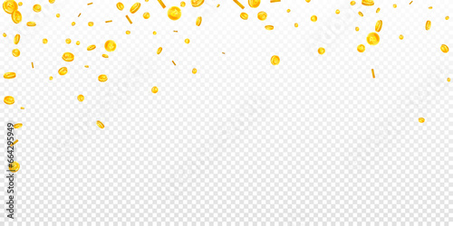 Bitcoin coins falling. Cryptocurrency scattered gold BTC coins. Internet currency. Great business success concept. Wide vector illustration.