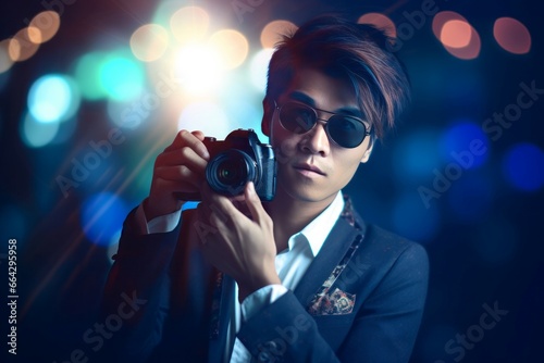 Chinese man with camera. Stylish Asian male photograph with sunglasses. Generate ai photo