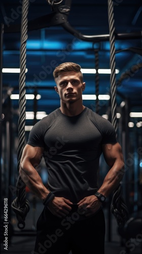 Strong and Muscular Male Bodybuilder in a Gym. Fictional characters created by Generated AI.