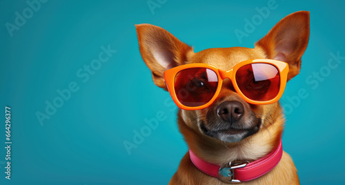Adorable toy terrier puppy in sunglasses on a bright blue background. Banner, place for text. © Татьяна Креминская