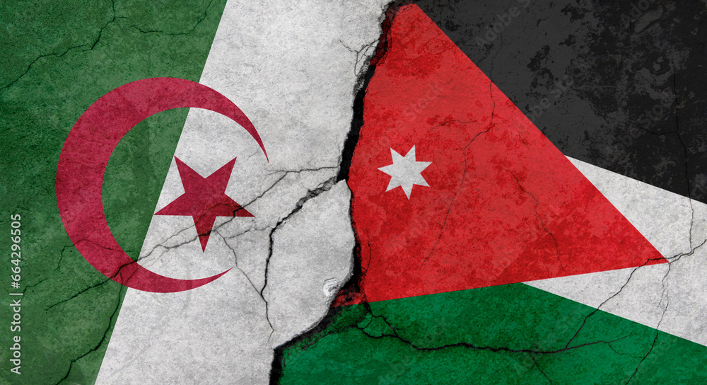 Algeria and Jordan flags, concrete wall texture with cracks, grunge background, military conflict concept