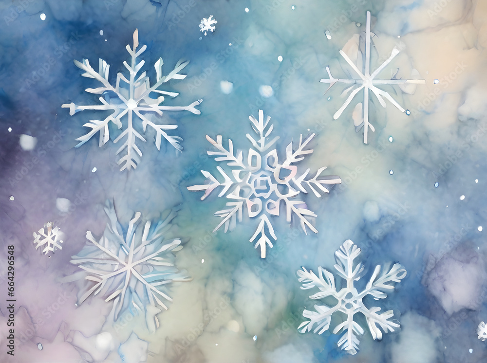 Snowflakes watercolour background painted with pastel tones.