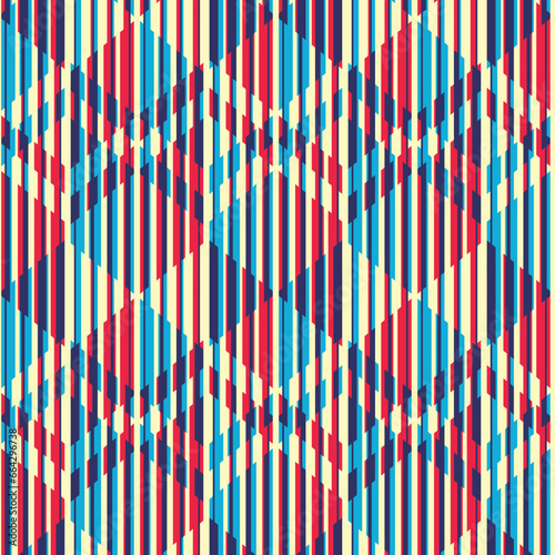 Beige, Tonal Blue and Red Variegated Textured Geometric Pattern