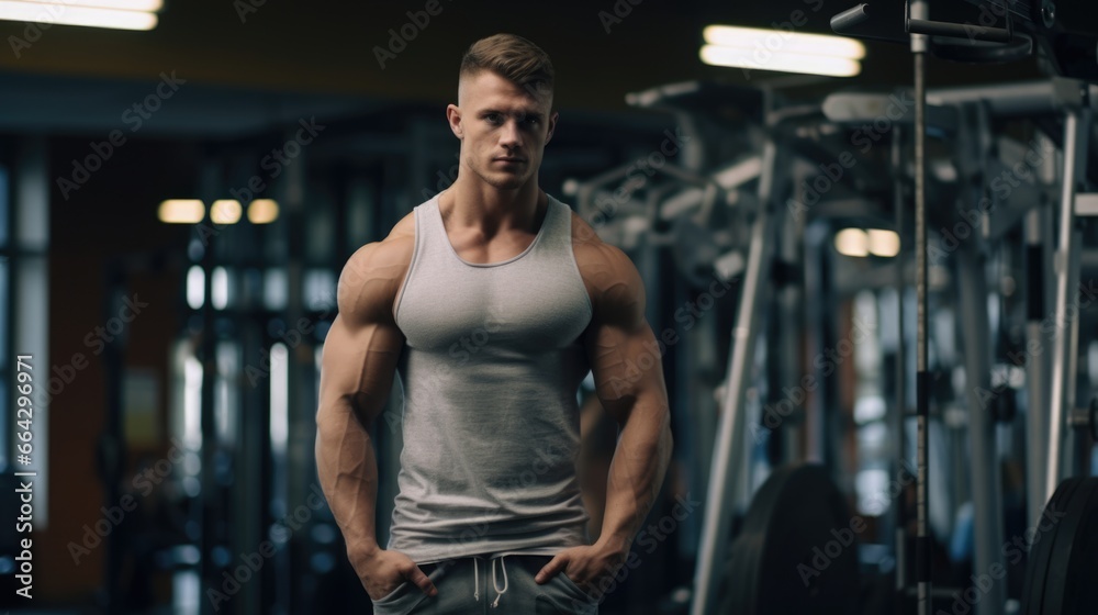 Sporty Young Man Posing in the Gym. Fictional characters created by Generated AI.
