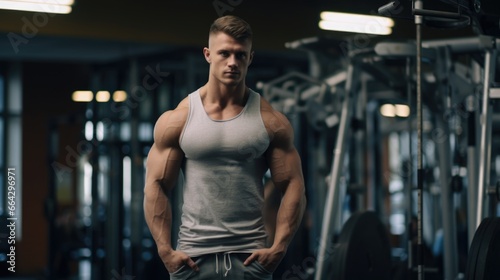 Sporty Young Man Posing in the Gym. Fictional characters created by Generated AI.