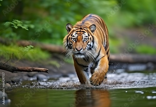 Amur tiger walking in the water. Dangerous animal.  Animal in a green forest stream.