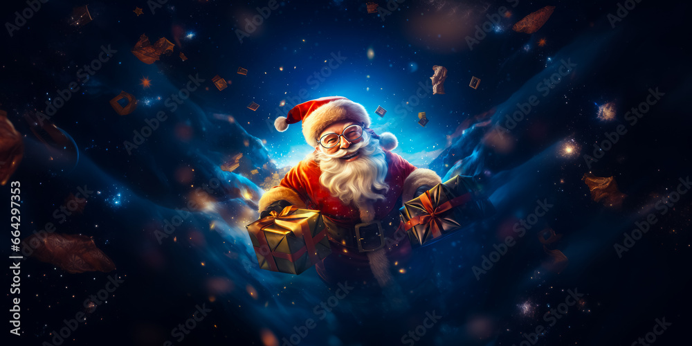 illustration of Santa Clause who flying in clouds with present. Christmas fairytale. Christmas time