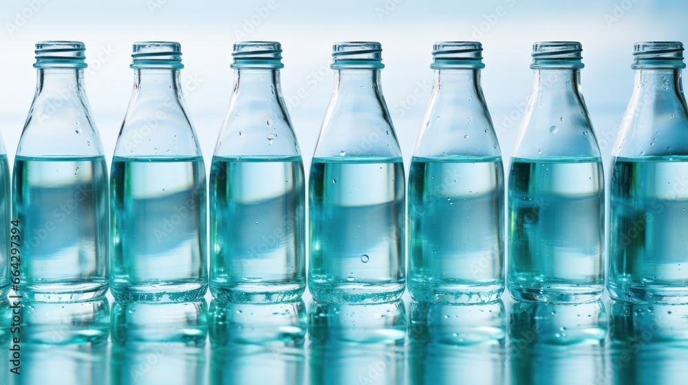 Rows of mineral water bottles stand in closeup, reflecting purity, hydration, and organized production Rows of mineral water bottles stand in closeup, reflecting purity, hydration, and organized production