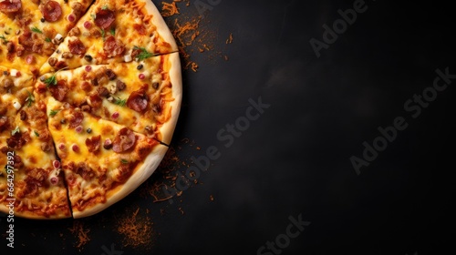 Delicious pizza, with its toppings spread evenly, sits temptingly on a dark gray surface