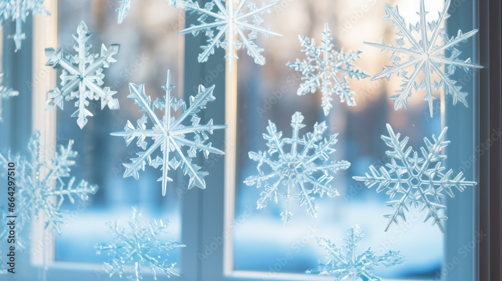 Elegant snowflake stickers adorn a windowpane, bringing the magic of winter indoors and adding festive charm